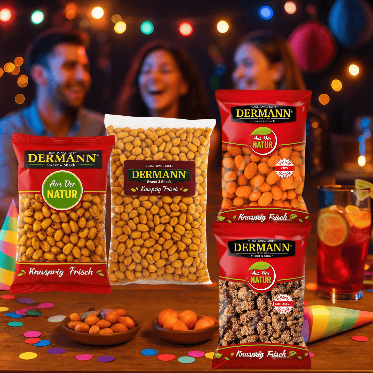 2 Stück × 180 g Erdnüsse mit Sesam, geröstet & süß, mit Haut – Knuspriger Snack für Filmabend & Freunde, Zwischendurch, Party & Büro, Familienfeiern