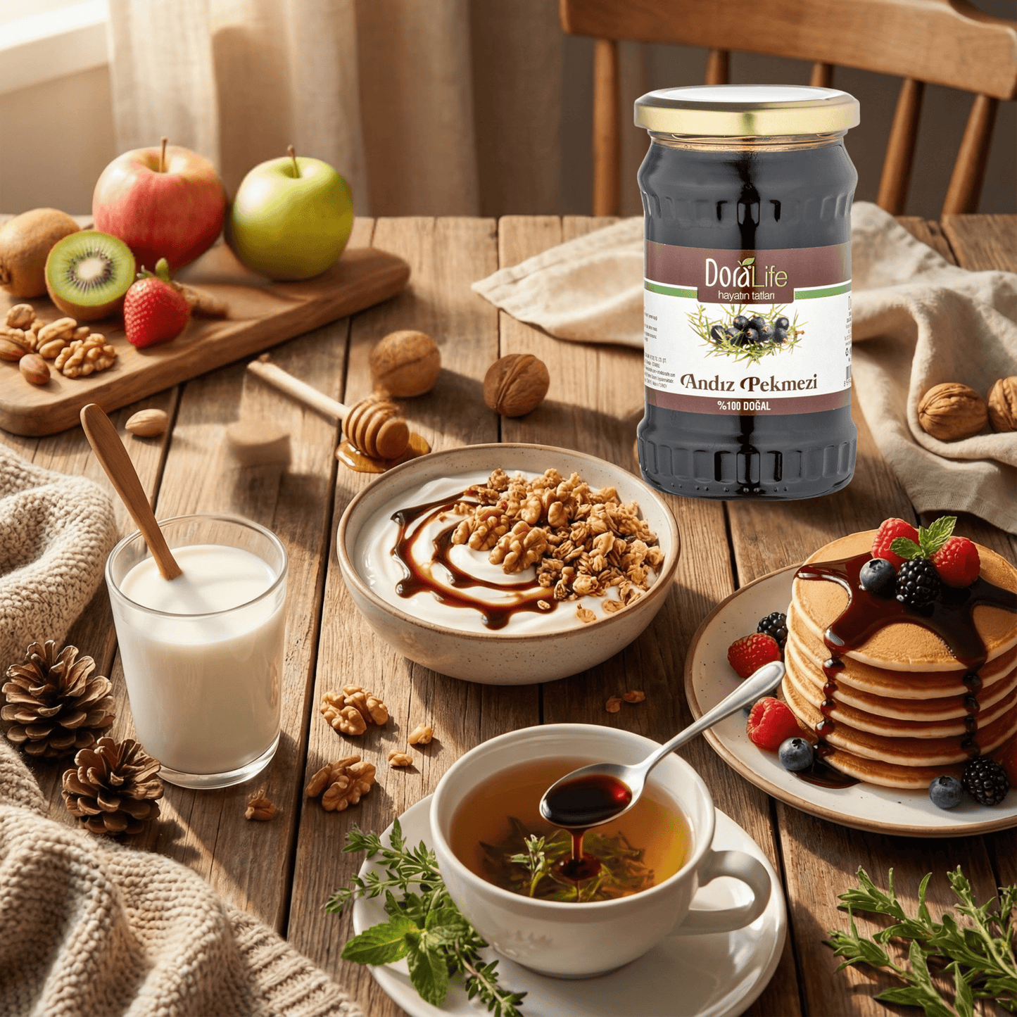 Doralife, 2 × 380 g 100% Reines Wacholderbeeren Extrakt-Andiz Pekmez, Sirup 380g – 100% Naturrein, Kaltgepresst, Zuckerfrei, Ohne Zusatzstoffe, Traditionell Hergestellt (2er Wacholderextrakt)