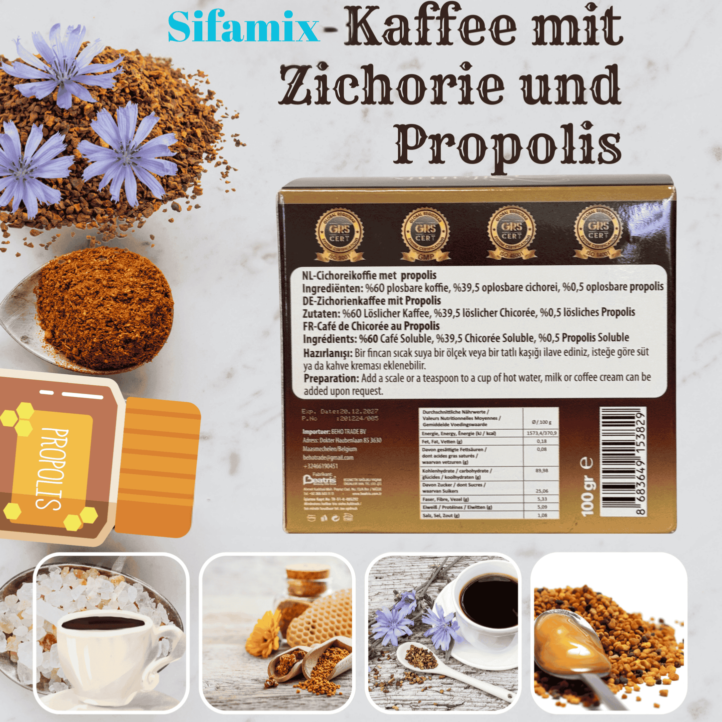 Premium Şifamix Zichorien, Propolis & löslicher Arabica Instant Kaffee zum Gewichtsmanagement | Unterstützt die Gewichtskontrolle und 100% Natürlich | Fit & Vital, Sanfter Genuss für Körper