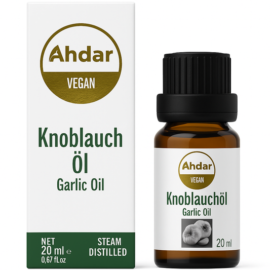 Premium Knoblauchöl 20 ml,100% naturrein, ohne Zusatzstoffe & kaltgepresst im Glasflasche lichtgeschützt, 99% echtes Knoblauchöl für Massage, Pflege & Lebensmittel geeignet