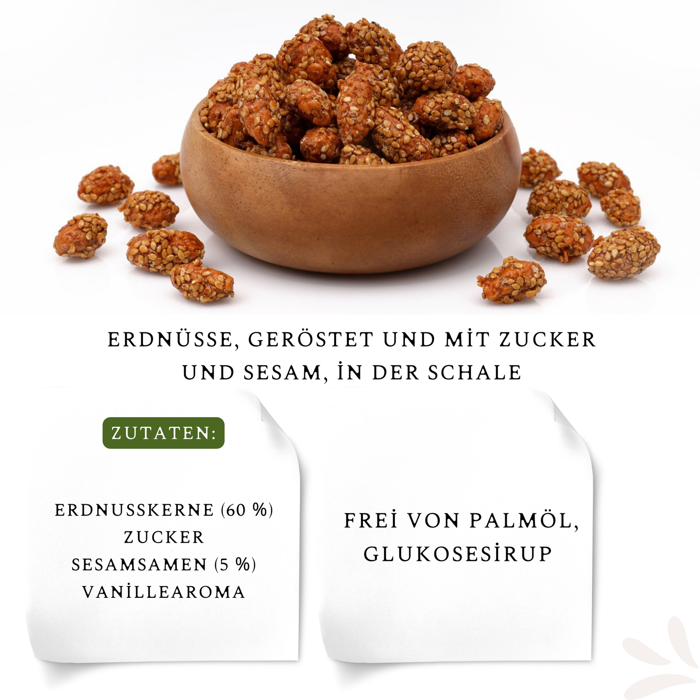 2 Stück × 180 g Erdnüsse mit Sesam, geröstet & süß, mit Haut – Knuspriger Snack für Filmabend & Freunde, Zwischendurch, Party & Büro, Familienfeiern