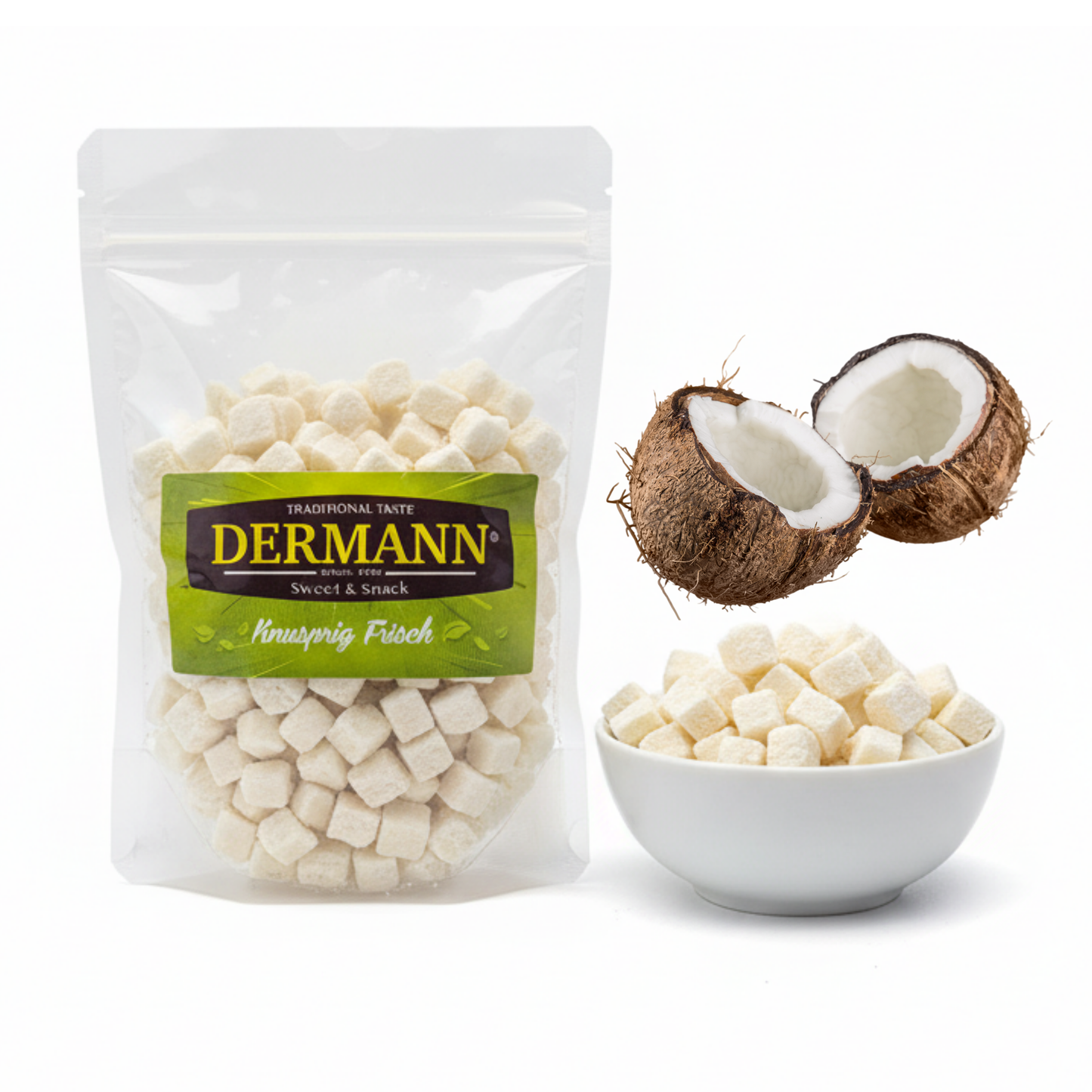 500 g Hindistan Cevizi Küpleri | 10 mm x 10 mm | Yumuşak Hindistan Cevizi Atıştırmalığı | Sulu, meyvemsi ve aromatik | Müsli, fırıncılık ürünleri, atıştırmalıklar ve tatlılar için ideal Hindistan cevizi küpleri