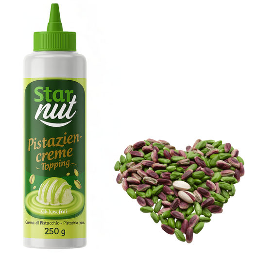 Dessert Topping 250 g – Mit 35 % Antep-Pistazien, Premium Qualität – Perfekt als Topping für Eis, Kuchen, Kaffee, Pistazienpaste – Pistazienmus Ohne Palmöl & Glukosesirup (250g Pistazien Creme) Marke: Star nut