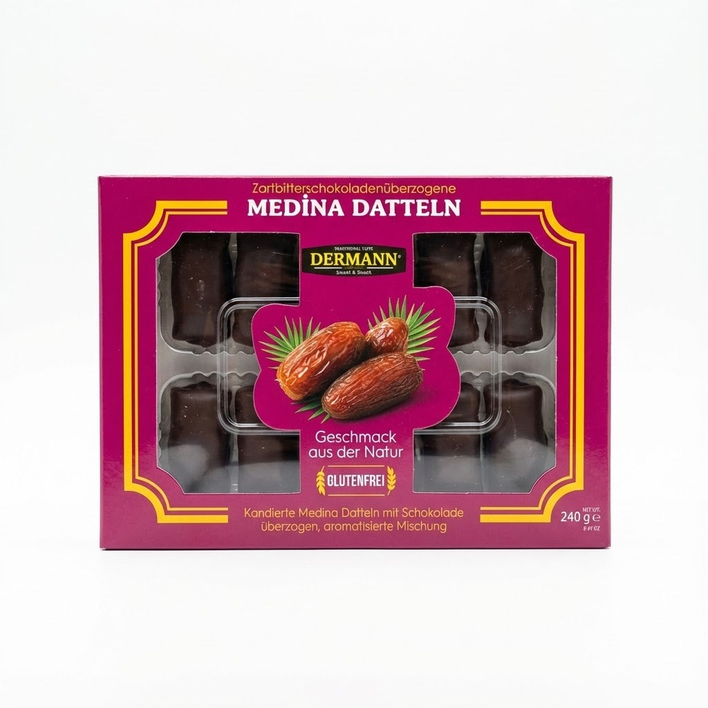 240 g Kandierte Datteln mit Bitter-Konfiserie überzogen – 86% Dattelanteil – Einzeln verpackt – Orientalische Süßware – Wiederverschließbare Verpackung