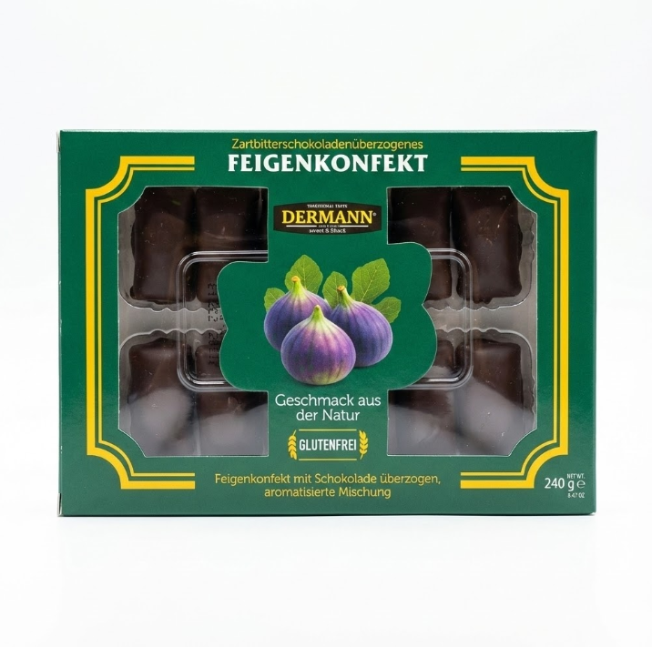 240 g Kandierte Feigen mit Bitter-Konfiserie überzogen – 24% getrocknete Feigen – Einzeln verpackt – Wiederverschließbare Verpackung – Orientalische Süßware