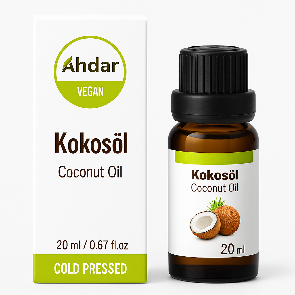 Premium coconut oil 20 ml, 100% pure, additive-free &amp; cold-pressed in a light-protected glass bottle, 98% genuine coconut oil suitable for massage, care &amp; food use. 