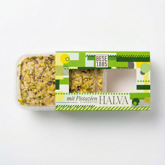 Köstliche Halva aus der Türkei 227 g – Zuckerfreie Tahin-Halva mit Dattel-Extrakt– 60% Sesampaste – Glutenfrei – Ohne Glukosesirup, Palmöl & künstliche Süßstoffe – Halwa (Pistazien)