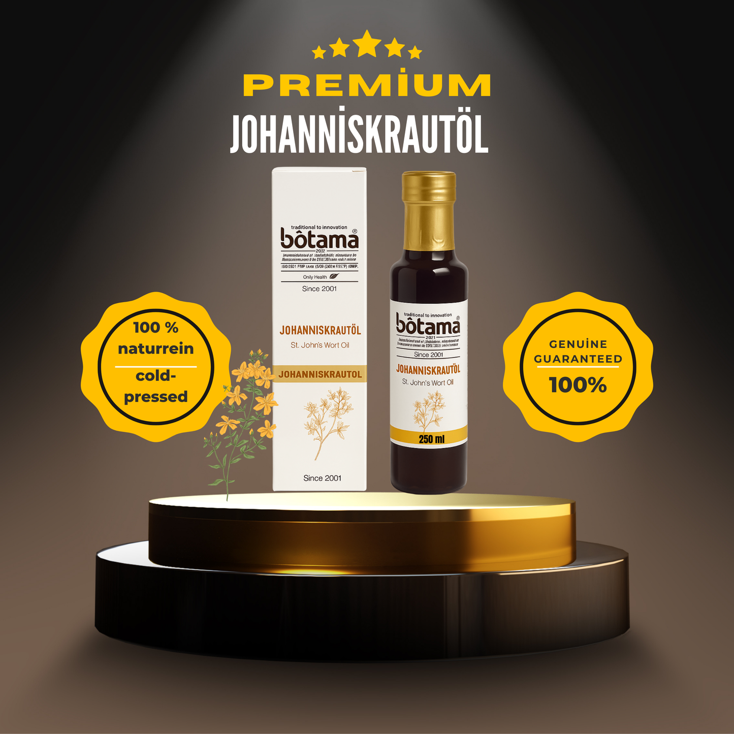 Premium kalitede 250 ml St. John's wort yağı, %100 saf, katkı maddesi içermez ve soğuk pres yöntemiyle üretilmiştir; ışıktan korunaklı cam şişede sunulmaktadır. %99 oranında gerçek St. John's wort yağı olup masaj, bakım ve gıda kullanımına uygundur. 