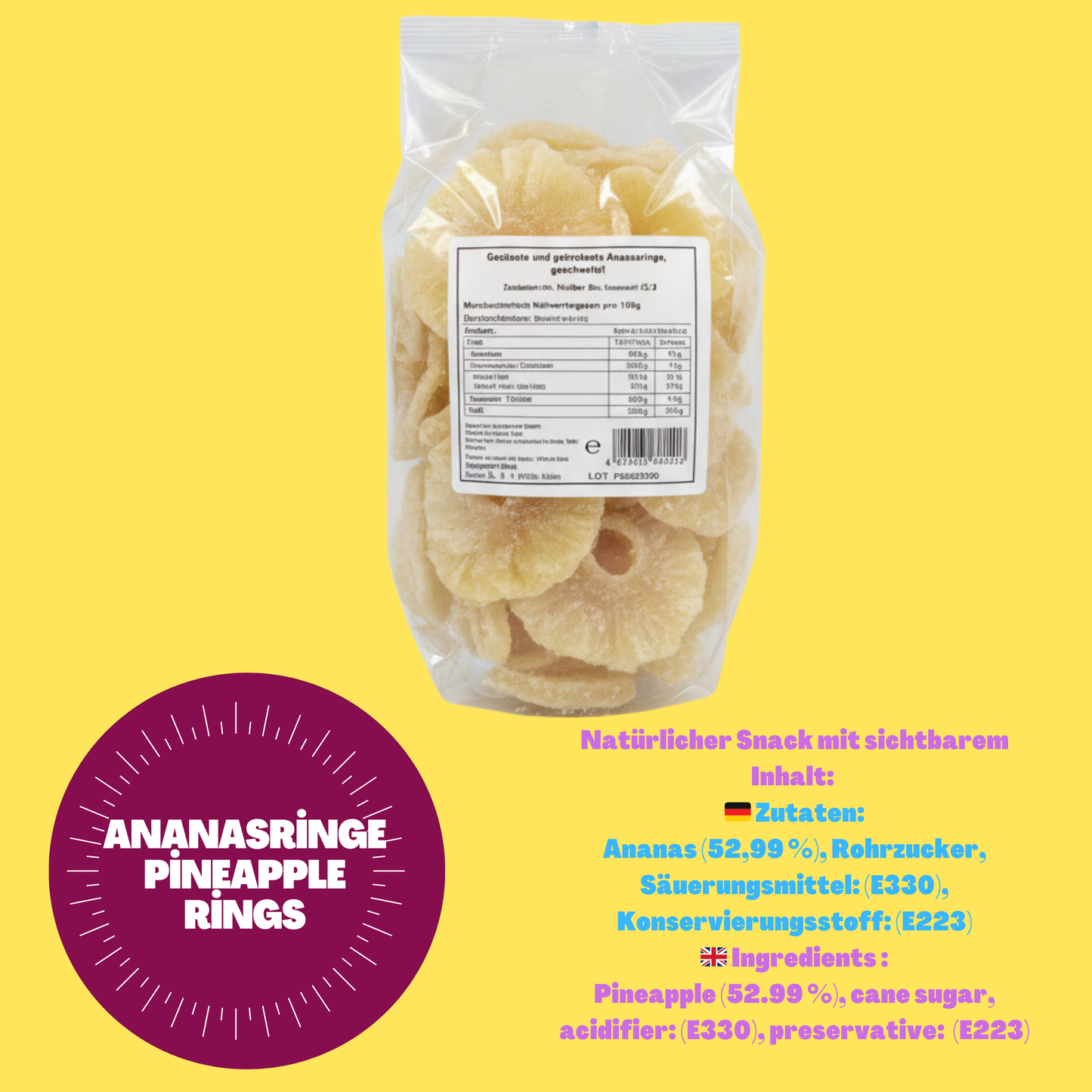 Kandierte Ananas 500g | saftig, fruchtig und aromatisch | schonend getrocknet Ananasringe, ideal als Snack oder Topping (Ananas)