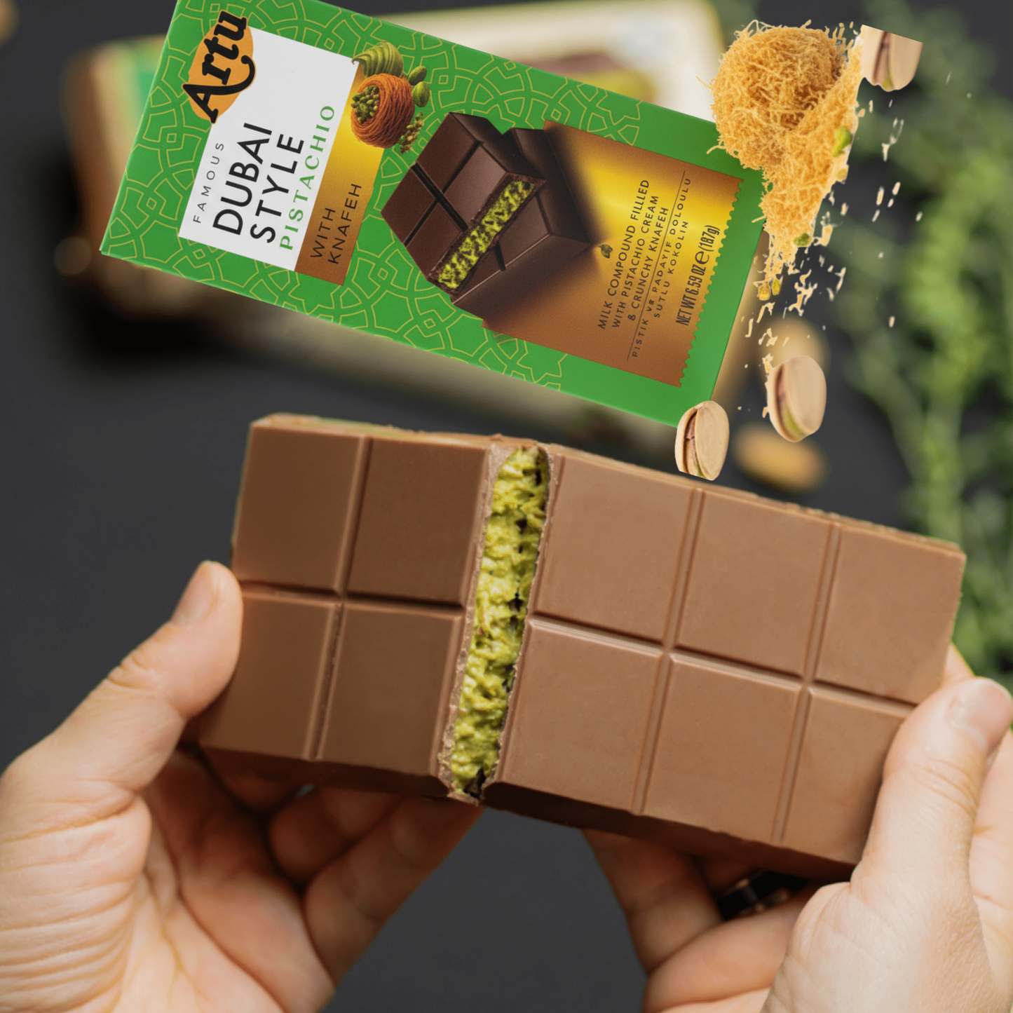 187g Dubai Style Chocolate with Pistachios &amp; Kunafeh, Pistachio Cream &amp; Crispy Kadayif, Made in Turkey with Attention to Detail (Dubai Style Chocolate XL) 