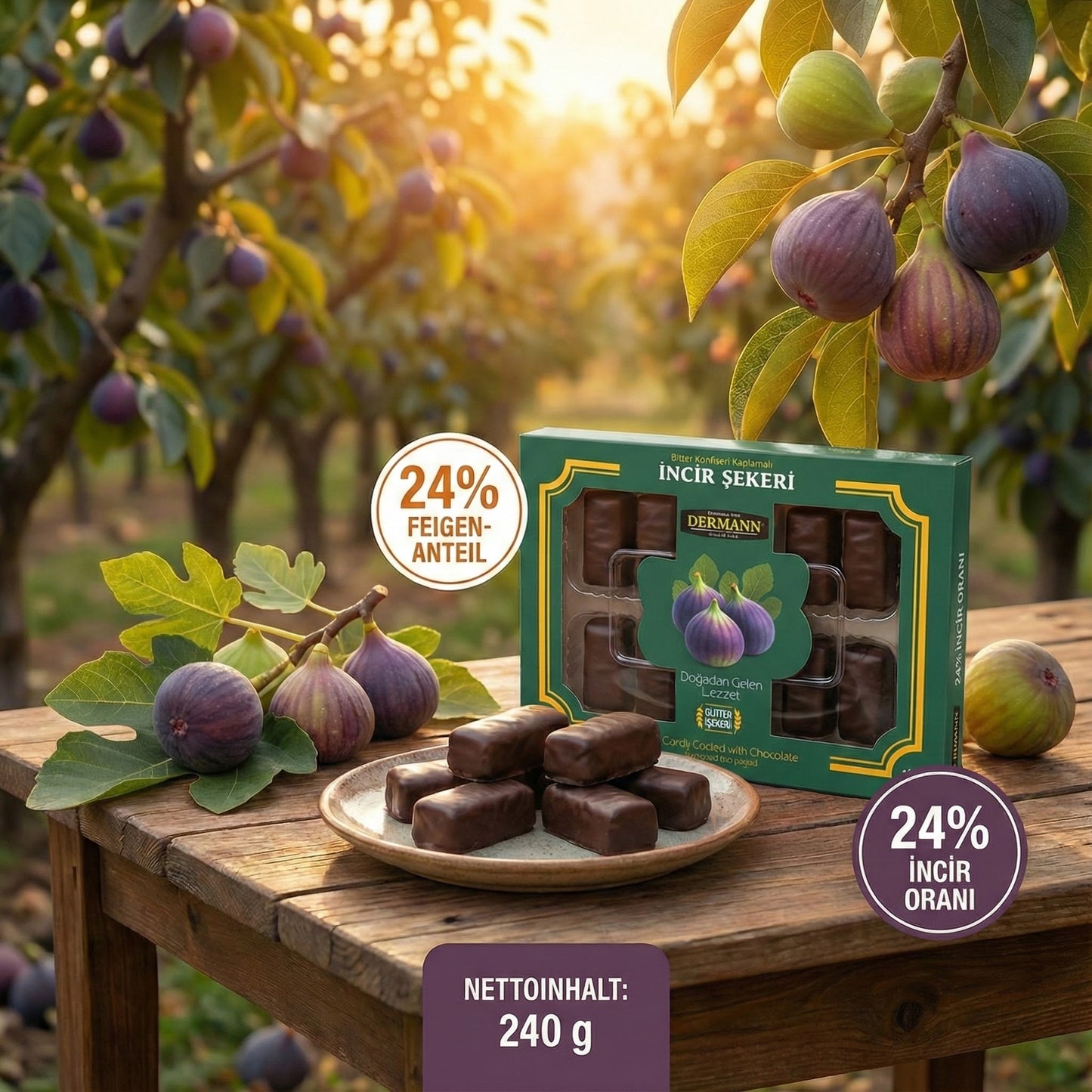 240 g Kandierte Feigen mit Bitter-Konfiserie überzogen – 24% getrocknete Feigen – Einzeln verpackt – Wiederverschließbare Verpackung – Orientalische Süßware