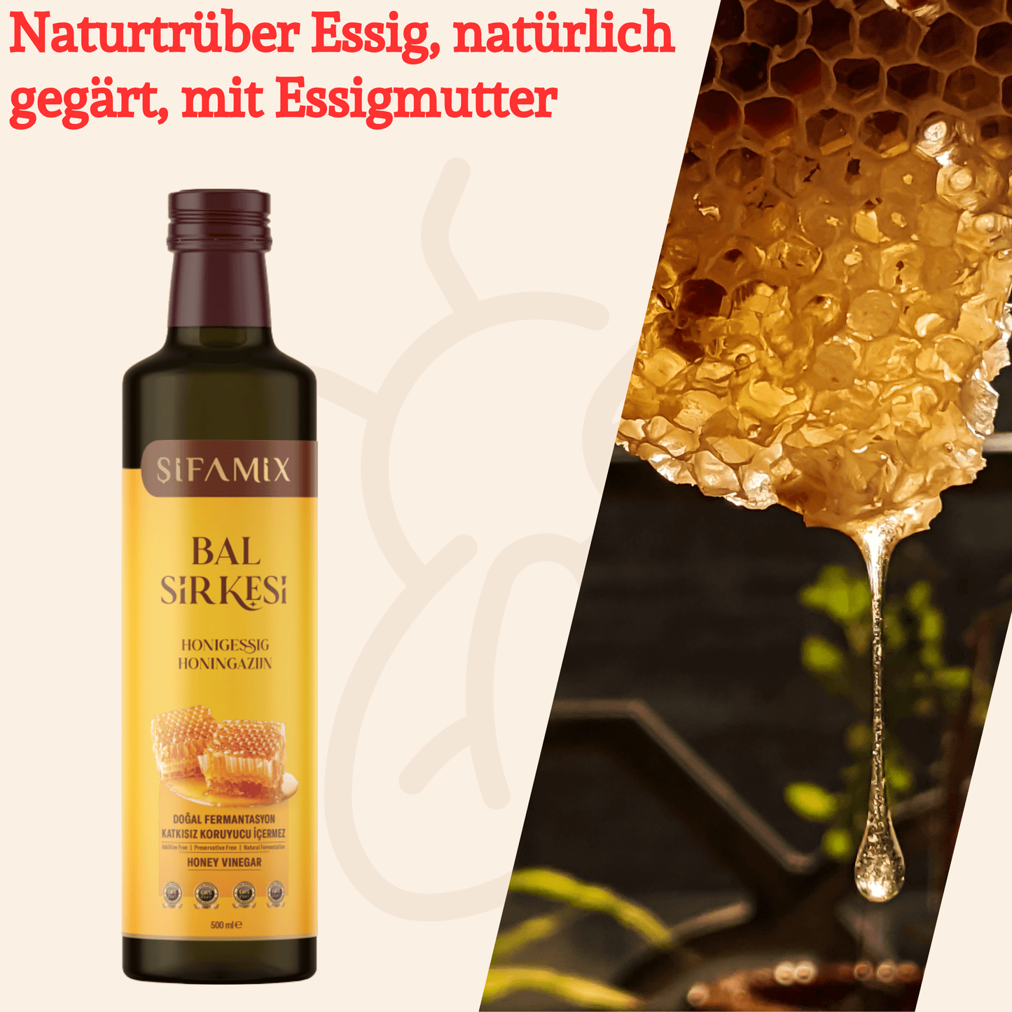 Premium Qualität Honigessig 500ml – 100% echter Essig aus Honig mit Zimt – ohne jegliche Zusätze – natürliche Fermentation (500 Ml, Honigessig)