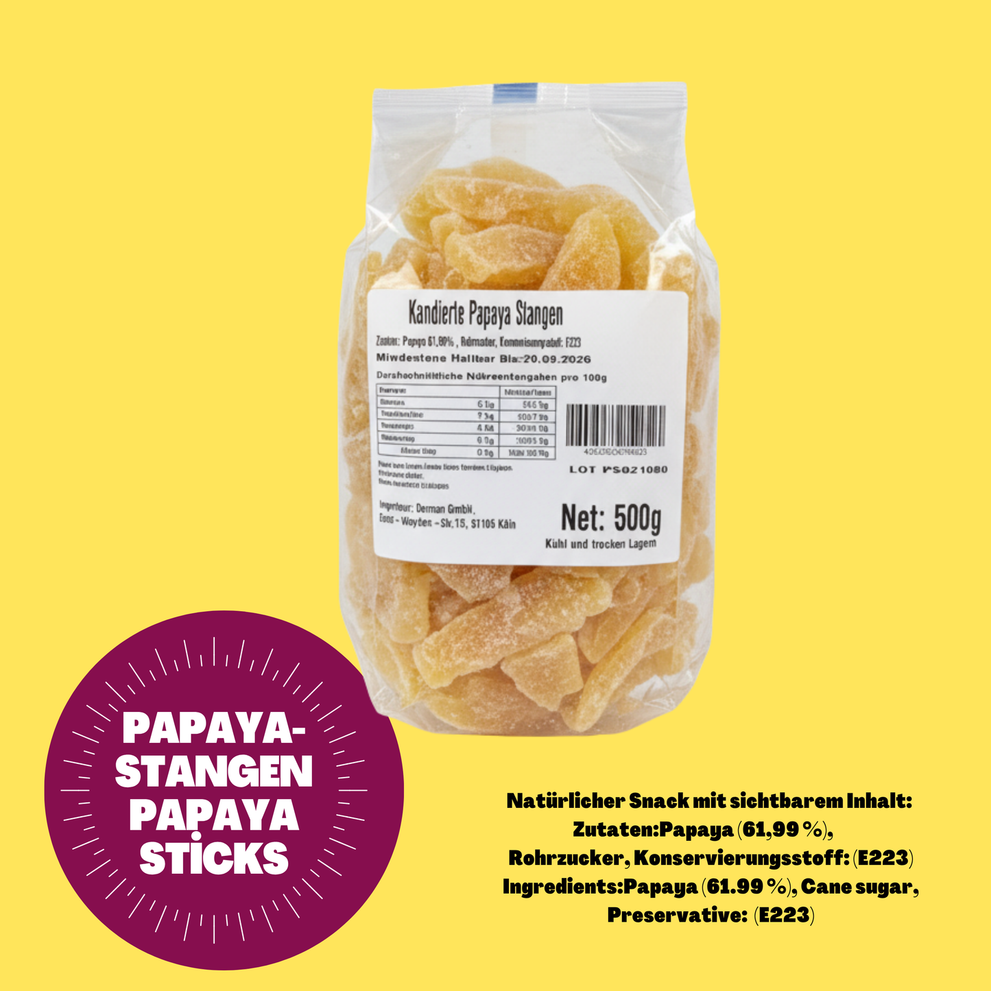 Papaya getrocknet 500g | saftig, fruchtig und aromatisch | kandierte Papayastangen | natürlicher Snack mit Rohrzucker, ideal als Snack oder Topping