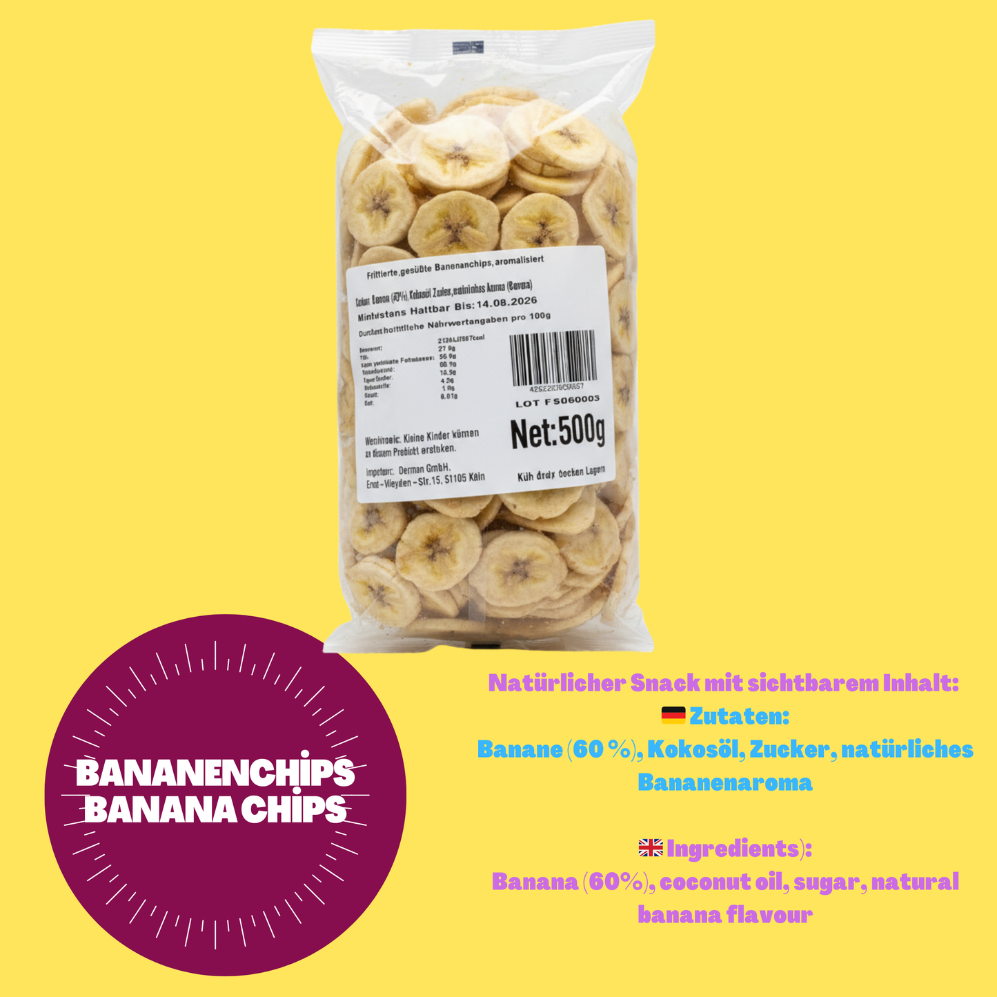 500 gr çıtır muz cipsi – doğal olarak tatlı ve hafifçe kurutulmuş | Hindistan cevizi yağı ile rafine edilmiş ve hafifçe tatlandırılmış | Öğün aralarında ve lor peyniri, müsli veya yoğurtla birlikte ideal atıştırmalık