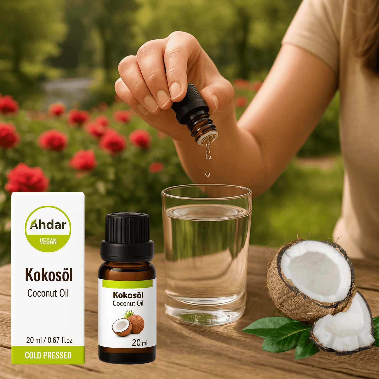 Premium coconut oil 20 ml, 100% pure, additive-free &amp; cold-pressed in a light-protected glass bottle, 98% genuine coconut oil suitable for massage, care &amp; food use. 