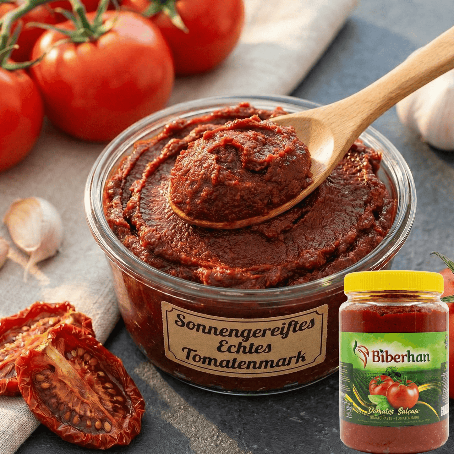 1000g Biberhan Premium Tomato Paste – Sun-Ripened &amp; Natural – Produced in Gaziantep, UNESCO City of Gastronomy – Intense Flavor &amp; Rich Consistency (1000g, Tomato Paste) 