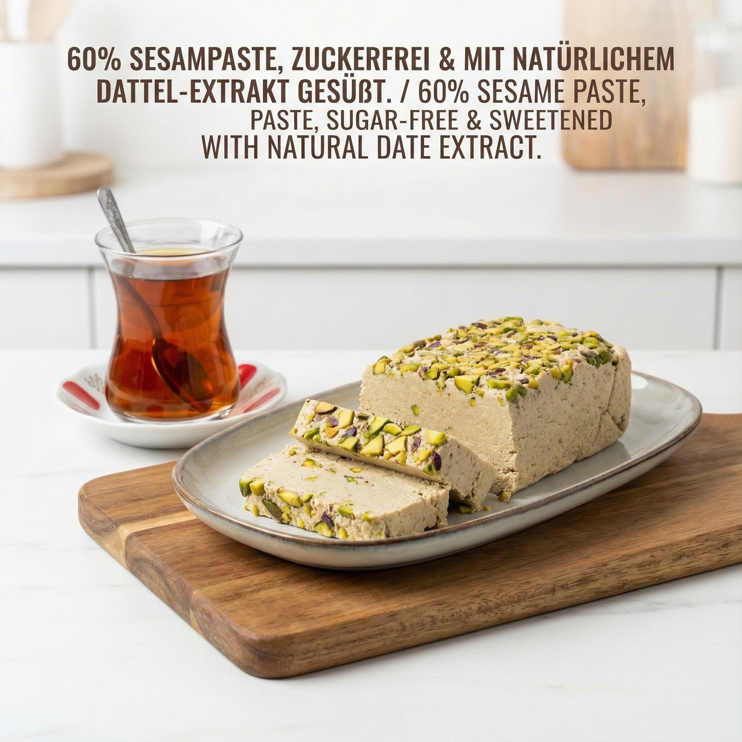 Delicious halva from Turkey 227g – Sugar-free tahini halva with date extract – 60% sesame paste – Gluten-free – No glucose syrup, palm oil &amp; artificial sweeteners – Halwa (pistachio) 