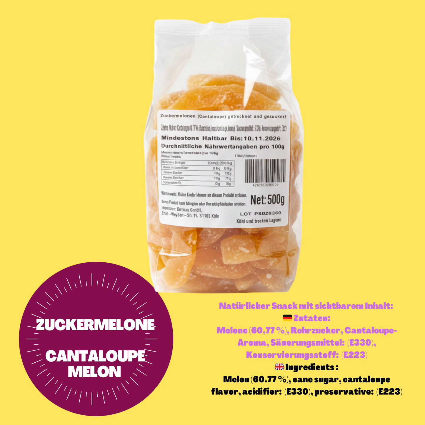 Türkiye'den Şekerlenmiş Kavun Parçaları 500g | Sulu, meyvemsi ve aromatik | Kamış şekeriyle yapılmış doğal atıştırmalık, ara öğün veya sos olarak ideal (kavun) 