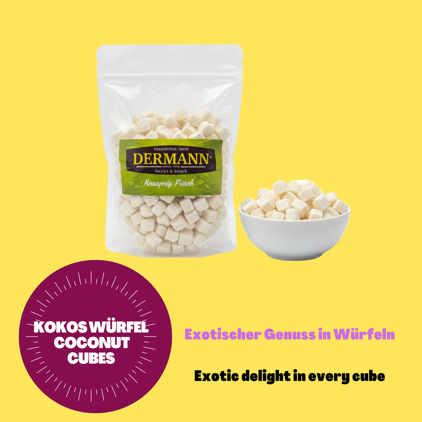 500 g Hindistan Cevizi Küpleri | 10 mm x 10 mm | Yumuşak Hindistan Cevizi Atıştırmalığı | Sulu, meyvemsi ve aromatik | Müsli, fırıncılık ürünleri, atıştırmalıklar ve tatlılar için ideal Hindistan cevizi küpleri