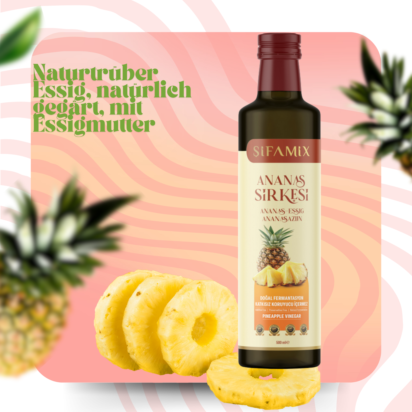 Premium Qualität Ananassessig 500ml – 100% echter Essig aus reifen Ananasfrüchten – ohne jegliche Zusätze – natürliche Fermentation (500 Ml, Ananassessig - Sifamix)