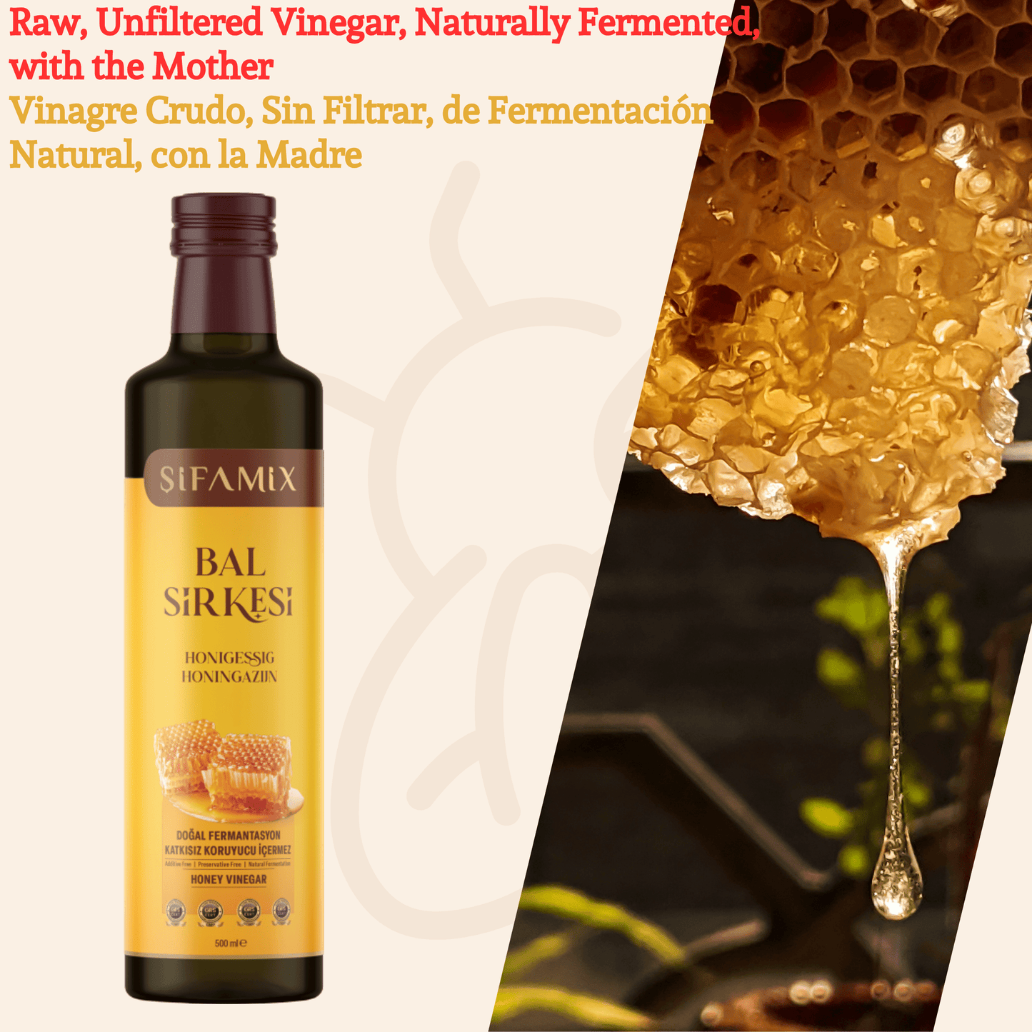 Premium Qualität Honigessig 500ml – 100% echter Essig aus Honig mit Zimt – ohne jegliche Zusätze – natürliche Fermentation (500 Ml, Honigessig)