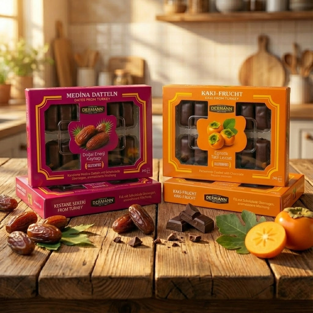 240 g Kandierte Kaki (Persimone) mit Bitter-Konfiserie überzogen – 22% Kakianteil – Einzeln verpackt – Wiederverschließbare Verpackung – Orientalische Süßware