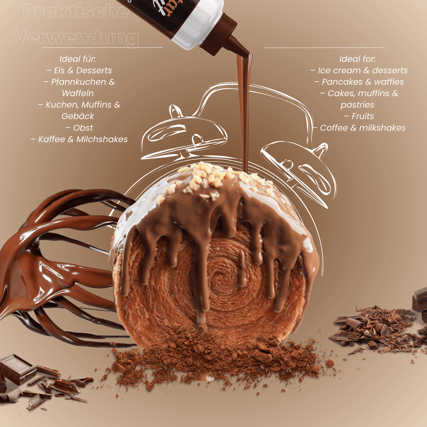 Dessert Sauce Schokolade, Topping 250 g – Premium Qualität – Perfekt als Topping für Eis, Kuchen, Waffeln, Pancakes, Crêpes, Kaffee, Desserts Schoko– Ohne Palmöl & Glukosesirup (250g Schoko Traum)