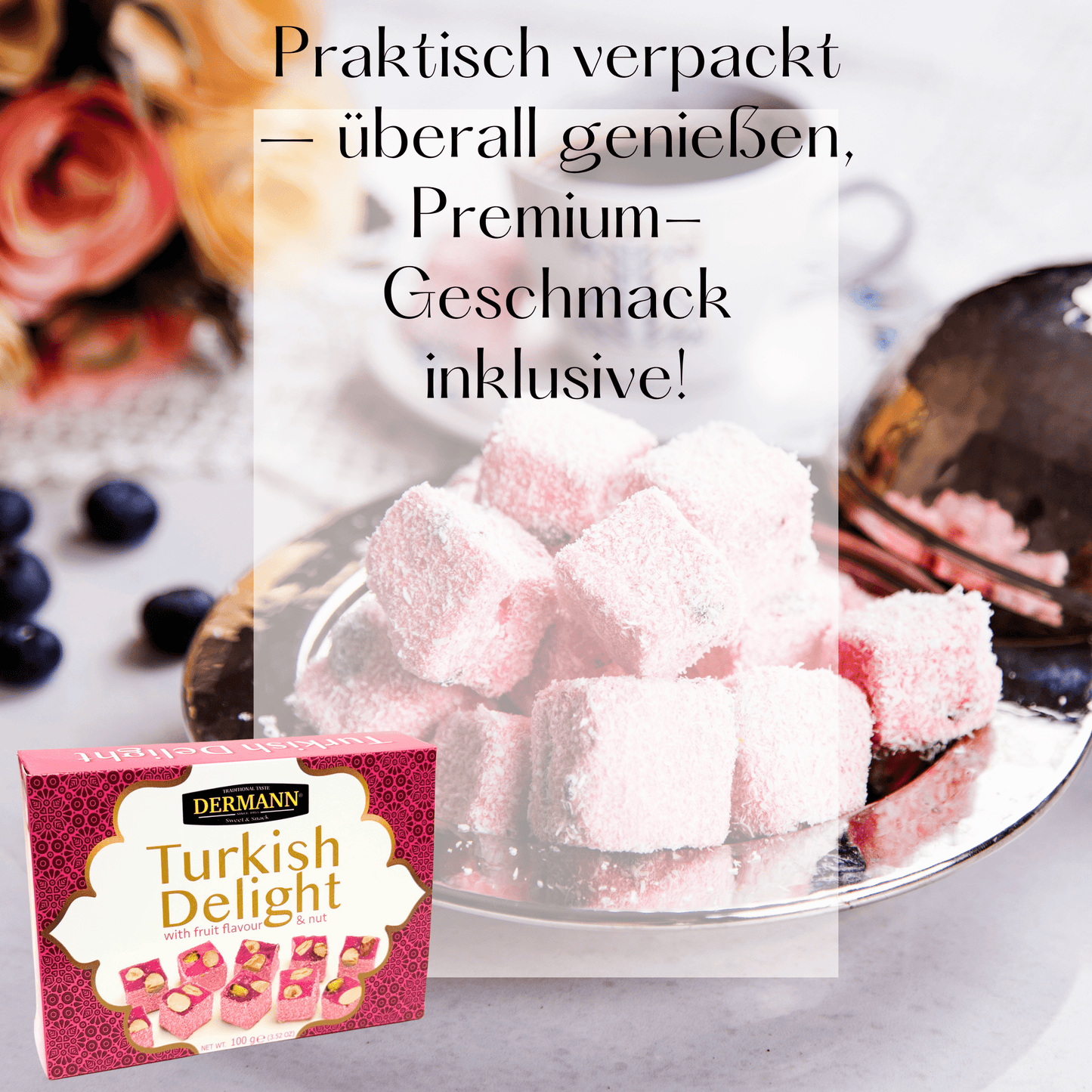Üstün Kalitede Türk Lokumu - Nar Aromalı ve Kuruyemişli (%2 Fındık, %2 Yer Fıstığı, %2 Badem, %2 Antep Fıstığı) - 100g - Palm Yağı ve Glikoz Şurubu İçermez - Türk Tatlıları 
