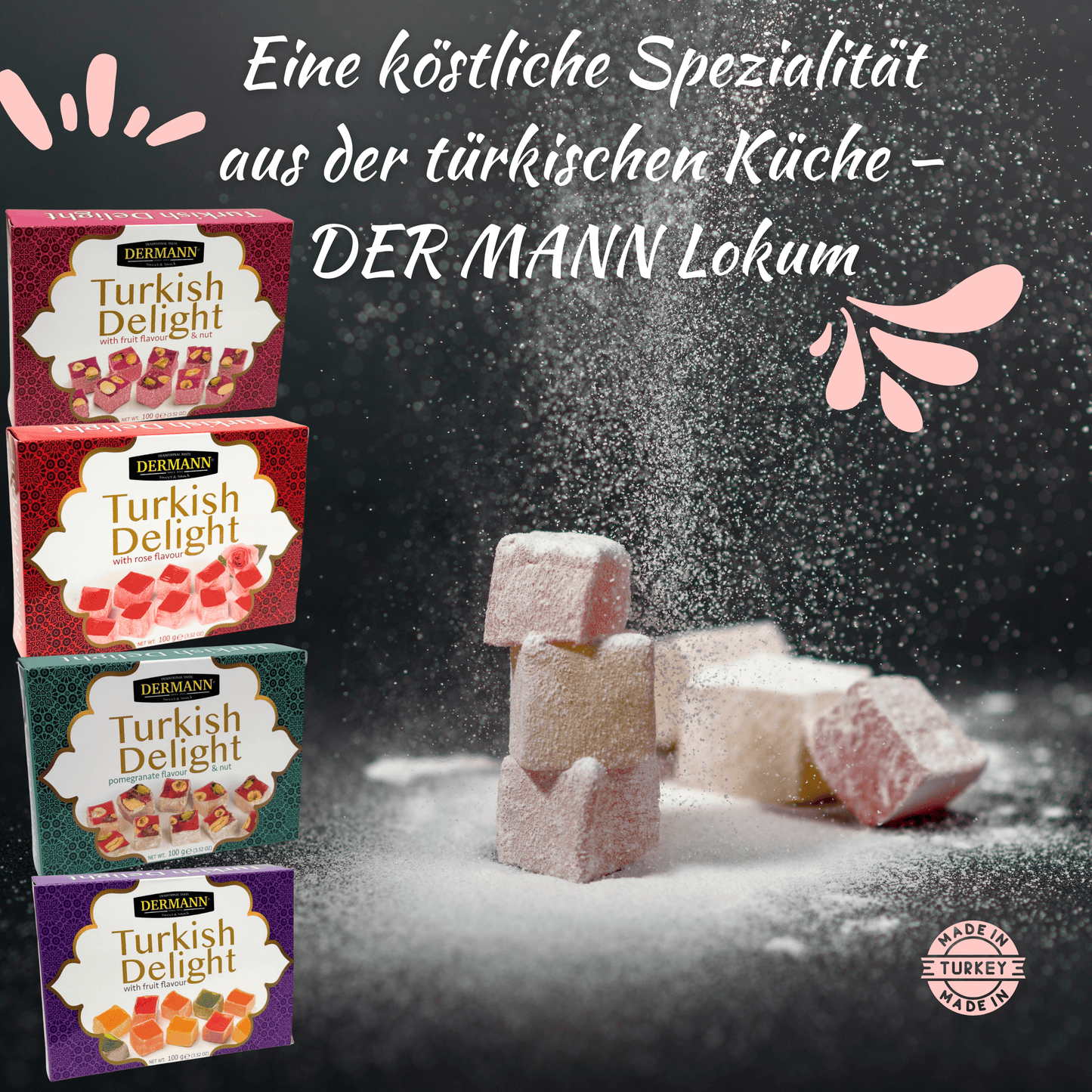 4-in-1 Geschenkset – Premium Qualität Turkish Delight - Lokum – Rose, Früchtemix, Nuss & Granatapfel – 4x100g, Ohne Palmöl & Glukosesirup – In dekorativer Geschenktasche mit Trageband