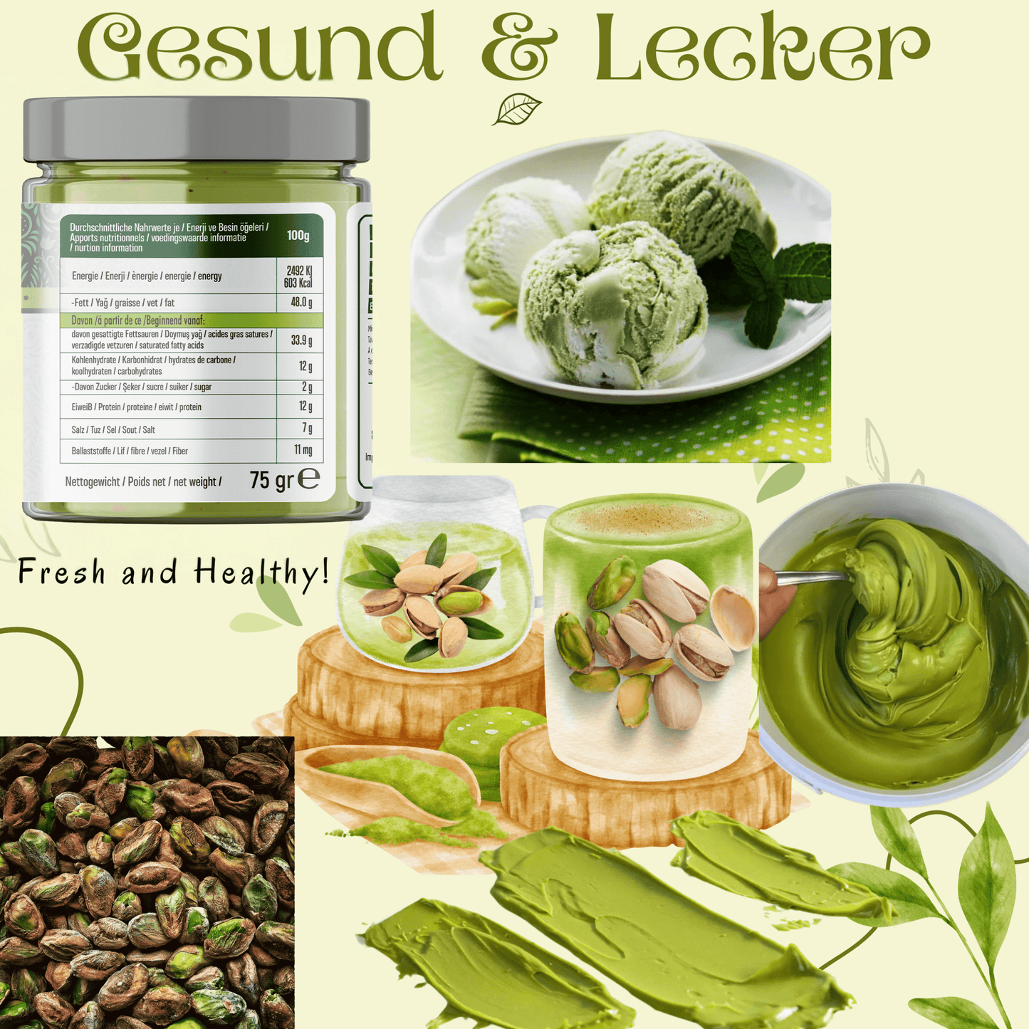 75g Antep Pistachio Powder in a resealable glass jar – Finely ground from Gaziantep, Türkiye – Intensely Aromatic – Premium &amp; Natural – No Additives 