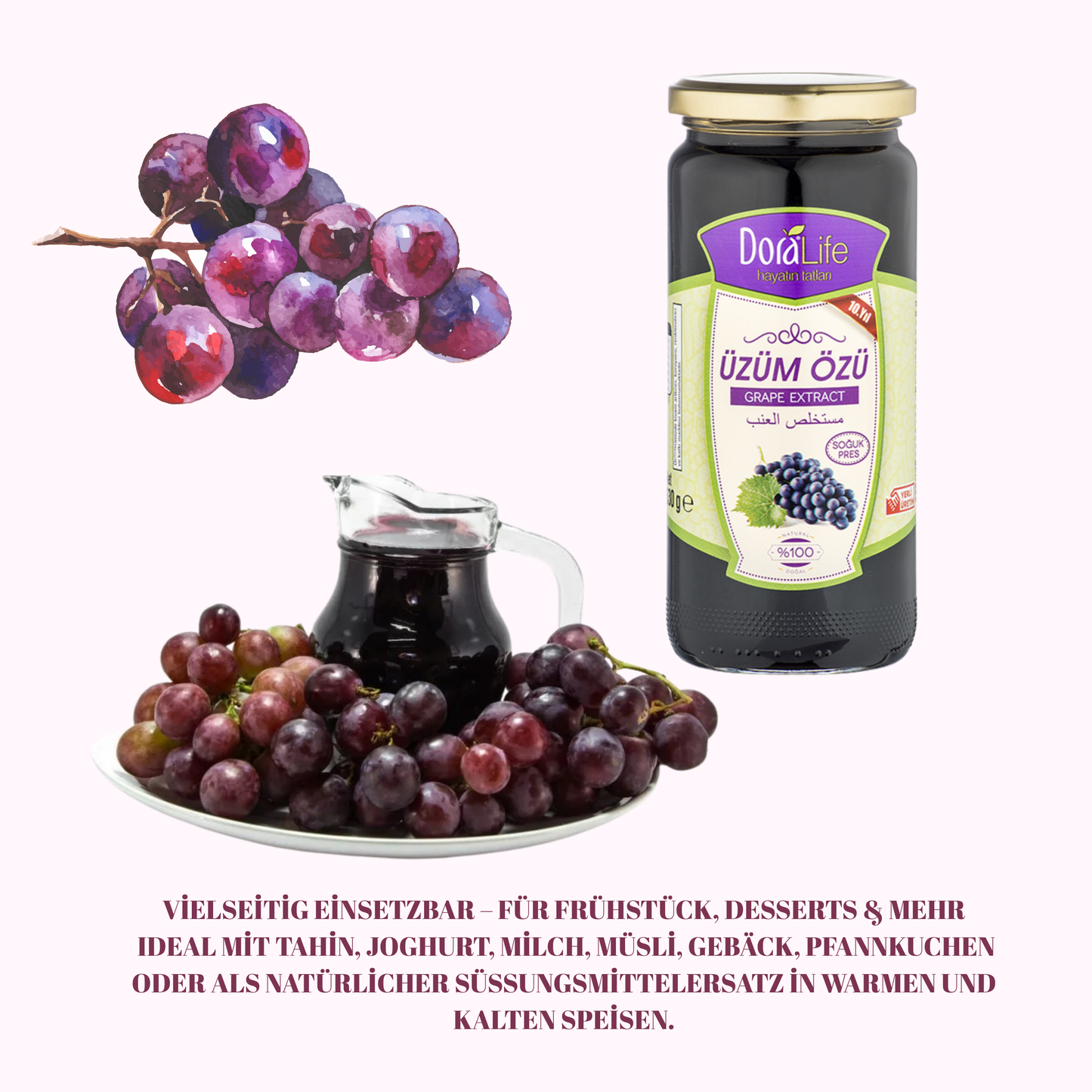 100% Reines Traubenextrakt, Üzüm Pekmez, Sirup 640g – 100% Naturrein, Kaltgepresst, Zuckerfrei, Ohne Zusatzstoffe, Traditionell Hergestellt, grape extract (Traubenextrakt)