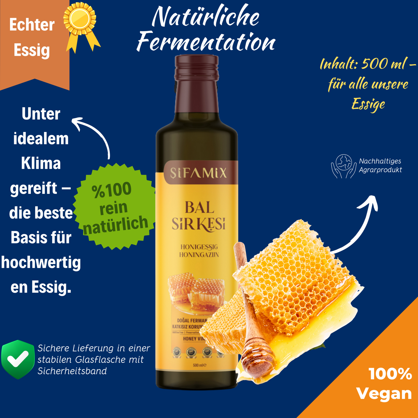 Premium Qualität Honigessig 500ml – 100% echter Essig aus Honig mit Zimt – ohne jegliche Zusätze – natürliche Fermentation (500 Ml, Honigessig)