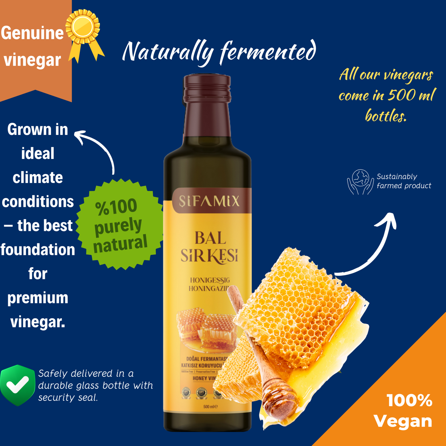 Premium Qualität Honigessig 500ml – 100% echter Essig aus Honig mit Zimt – ohne jegliche Zusätze – natürliche Fermentation (500 Ml, Honigessig)