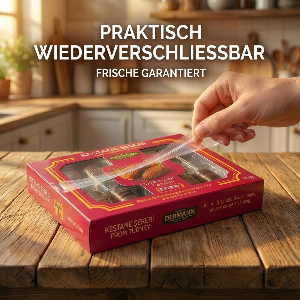 240 g Kandierte Datteln mit Bitter-Konfiserie überzogen – 86% Dattelanteil – Einzeln verpackt – Orientalische Süßware – Wiederverschließbare Verpackung