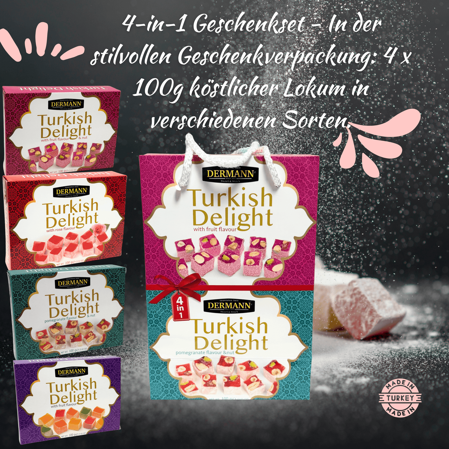 4-in-1 Geschenkset – Premium Qualität Turkish Delight - Lokum – Rose, Früchtemix, Nuss & Granatapfel – 4x100g, Ohne Palmöl & Glukosesirup – In dekorativer Geschenktasche mit Trageband