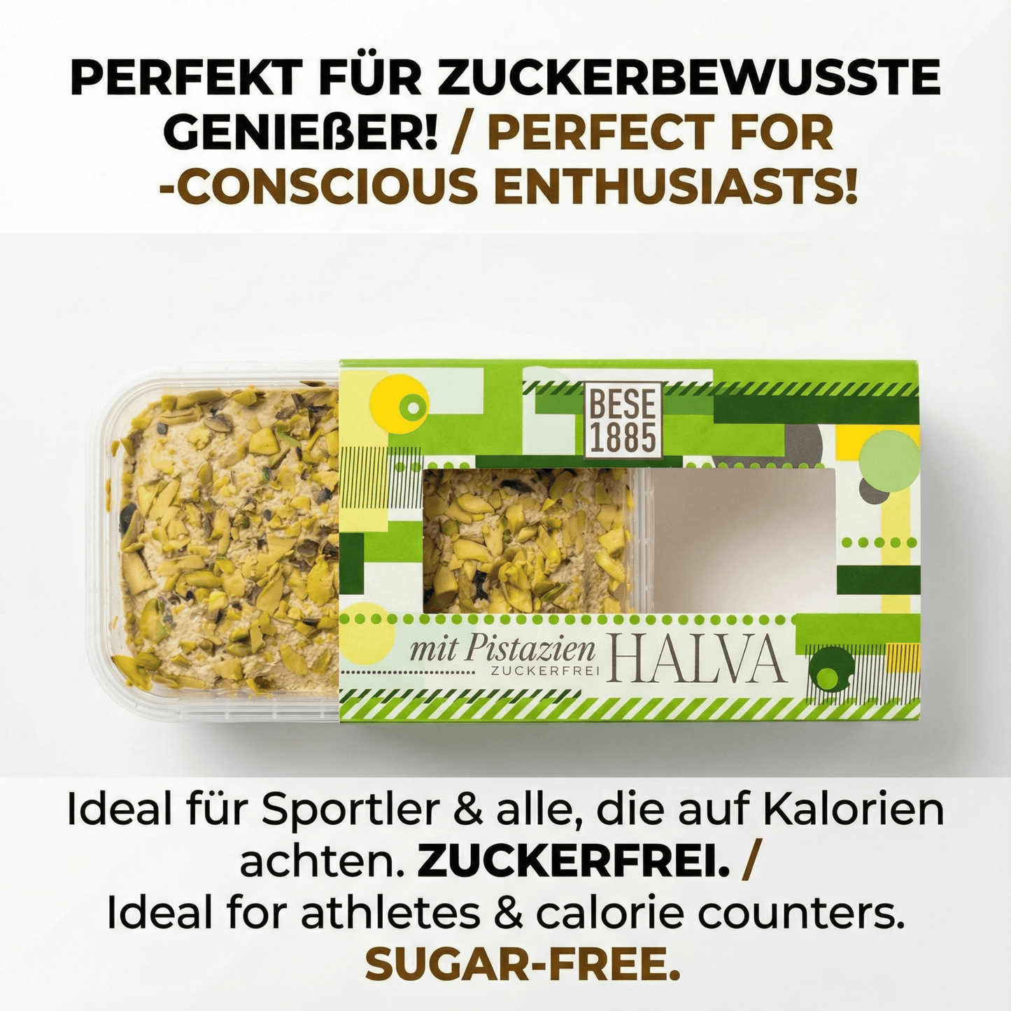 Delicious halva from Turkey 227g – Sugar-free tahini halva with date extract – 60% sesame paste – Gluten-free – No glucose syrup, palm oil &amp; artificial sweeteners – Halwa (pistachio) 