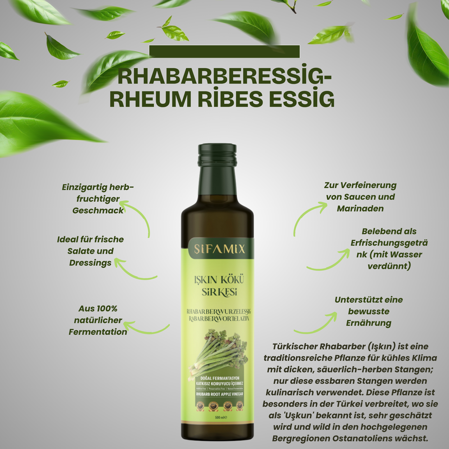 Premium Qualität Rhabarberwurzelessig 500ml – 100% echter Essig – Rheum Ribes - Işgın Kökü Sirke, ohne jegliche Zusätze – natürliche Fermentation (500 Ml, Rhabarberwurzelessig)