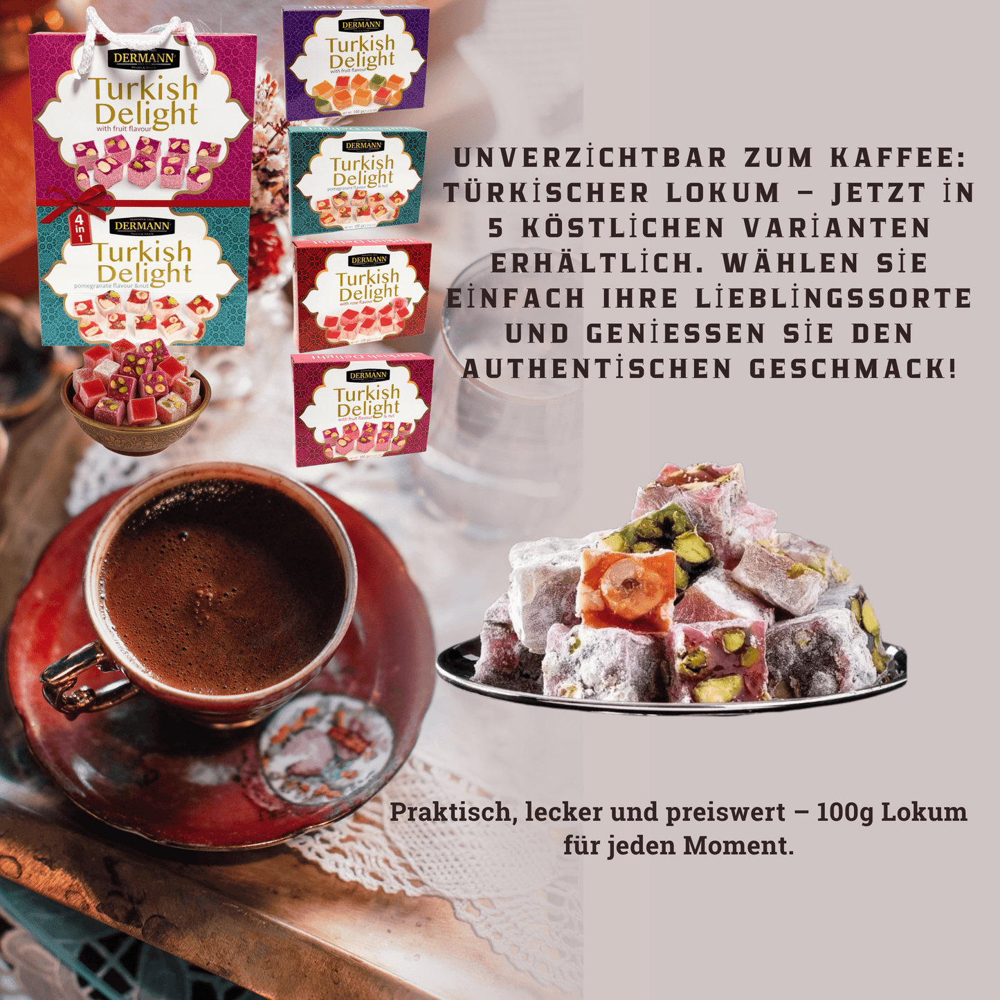 4-in-1 Geschenkset – Premium Qualität Turkish Delight - Lokum – Rose, Früchtemix, Nuss & Granatapfel – 4x100g, Ohne Palmöl & Glukosesirup – In dekorativer Geschenktasche mit Trageband