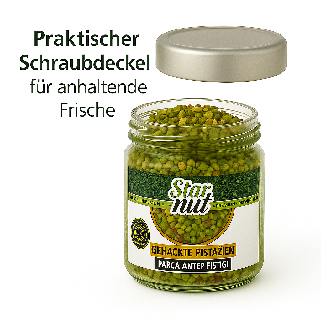 75 gr doğranmış Antep fıstığı, tekrar kapatılabilir cam kavanozda – Gaziantep, Türkiye – Aromatik, Doğal, Premium Kalite – Katkı Maddesi Yok