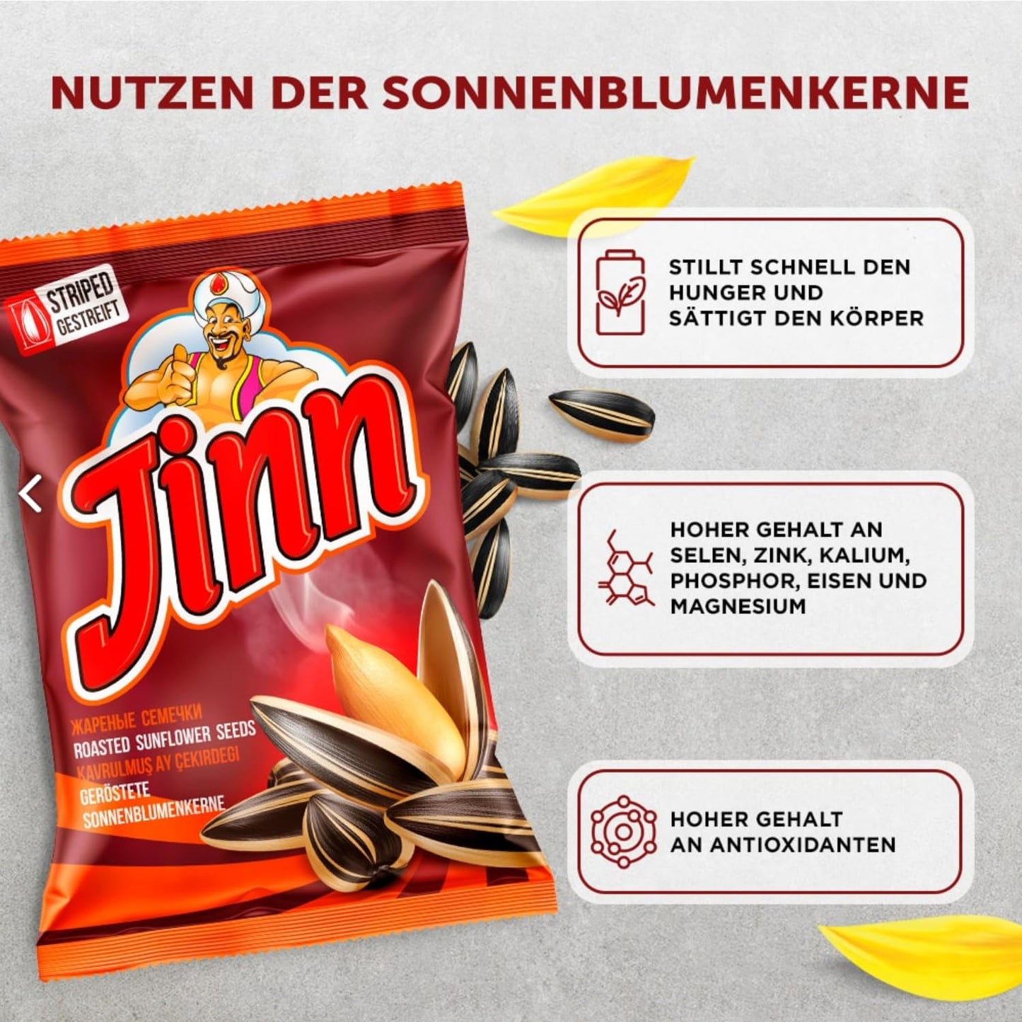 Jinn Geröstete Sonnenblumenkerne mit Schale | Perfekt für Snacks und Pausen | Ohne Zusatzstoffe, Natürlich | 100% Frisch und Knusprig (1 Stück, Ungesalzen)