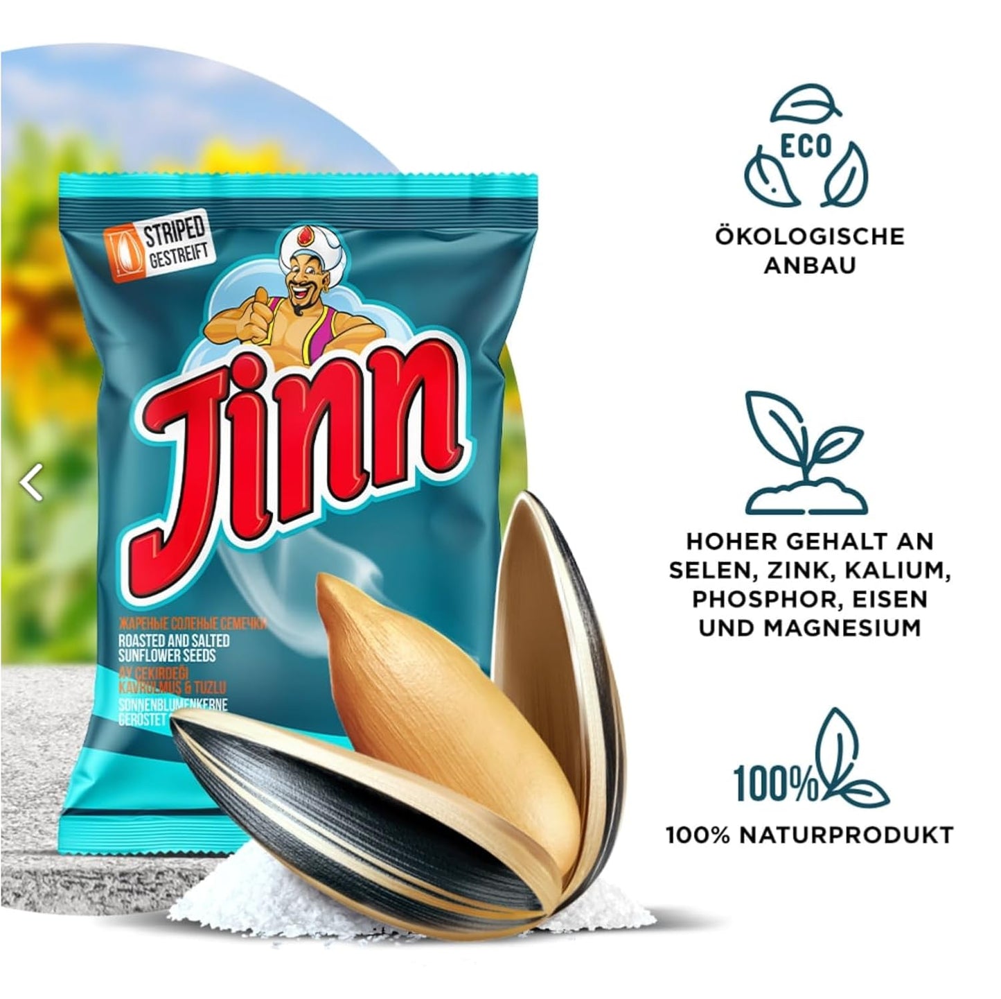 Jinn Geröstete Sonnenblumenkerne mit Schale, 10 x 300g | Perfekt für Snacks und Pausen | Ohne Zusatzstoffe, Natürlich | 100% Frisch und Knusprig (10 Stück, Gesalzen)