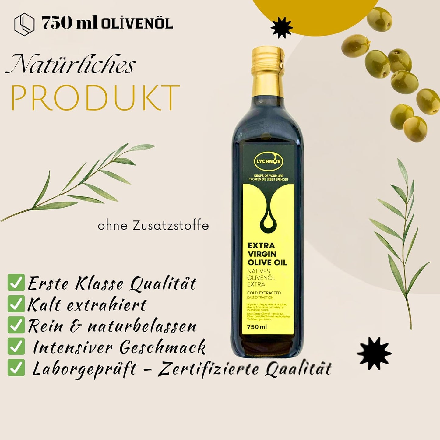 750 ML Premium Griechisches Natives Olivenöl Extra aus Kreta – Zertifiziert & Laborgeprüft –Traditionell & kaltgepresst direkt nach der Ernte, 100 % Natürlich – Sichere Verpackung (750 Milliliter)