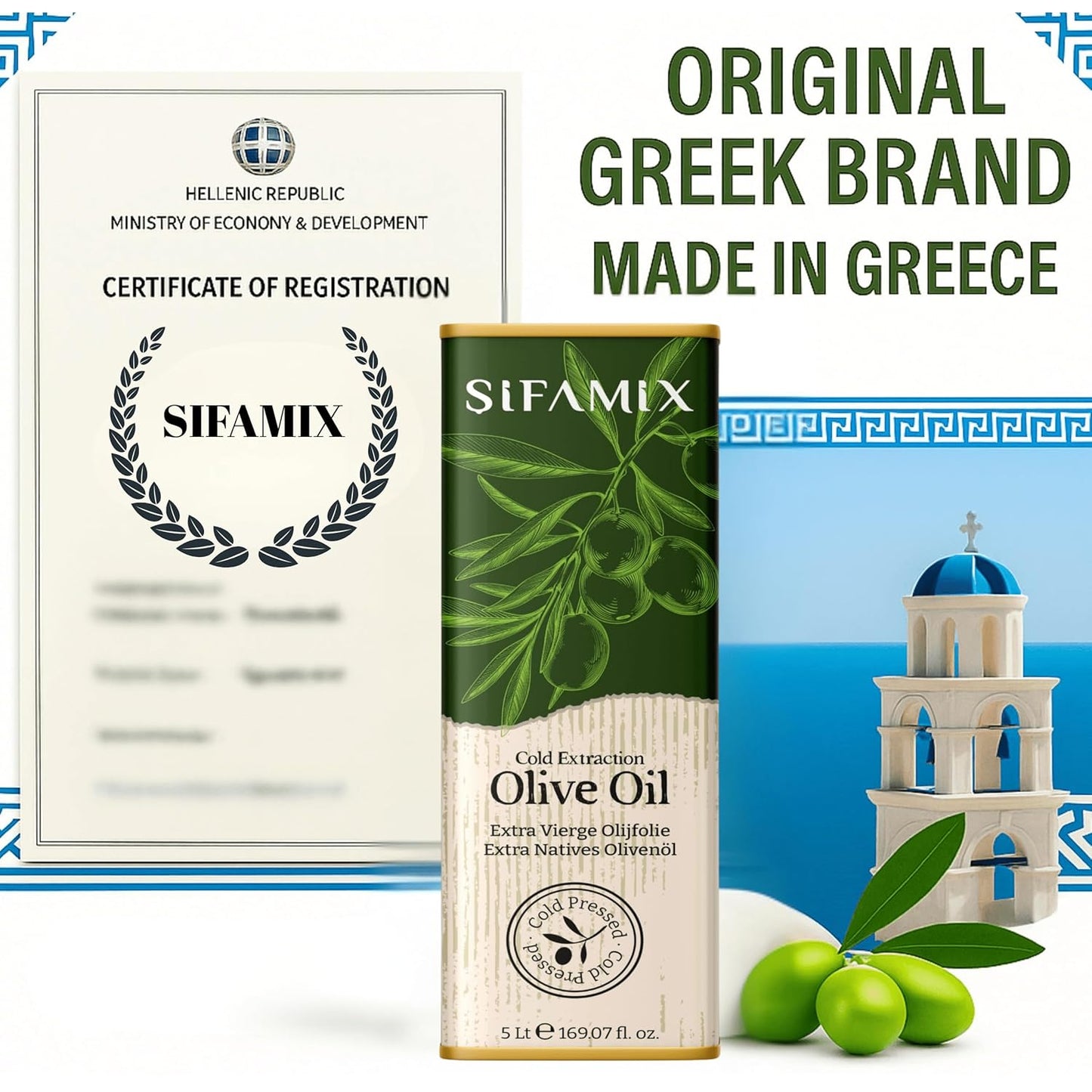 5 L Sifamix Griechisches Natives Olivenöl Extra aus Kreta – Traditionell von Hand geerntet & kaltgepresst direkt nach der Ernte – 100 % Natürlich – In Metallkanister mit Ausgießer im Vintage-Stil