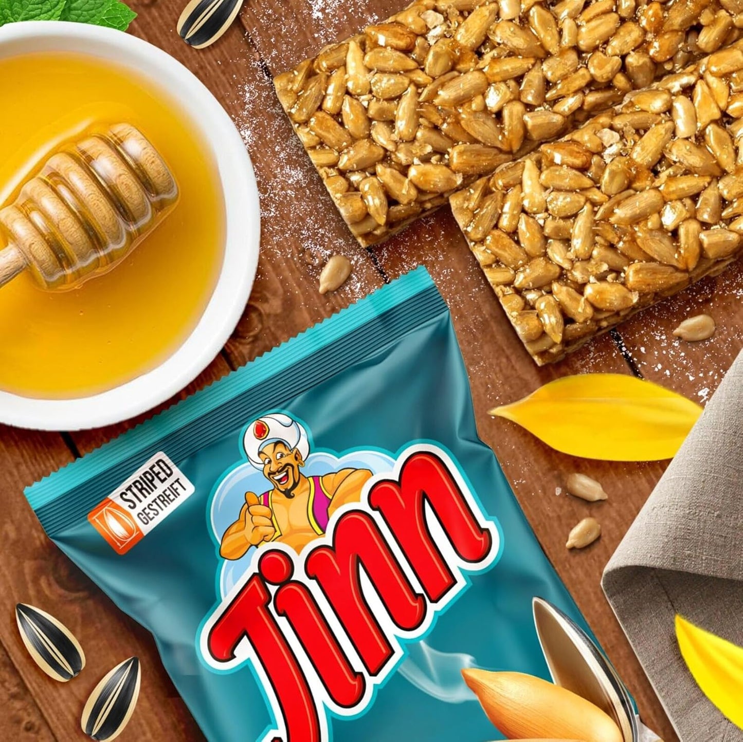 Jinn Geröstete Sonnenblumenkerne mit Schale, 10 x 300g | Perfekt für Snacks und Pausen | Ohne Zusatzstoffe, Natürlich | 100% Frisch und Knusprig (10 Stück, Gesalzen)