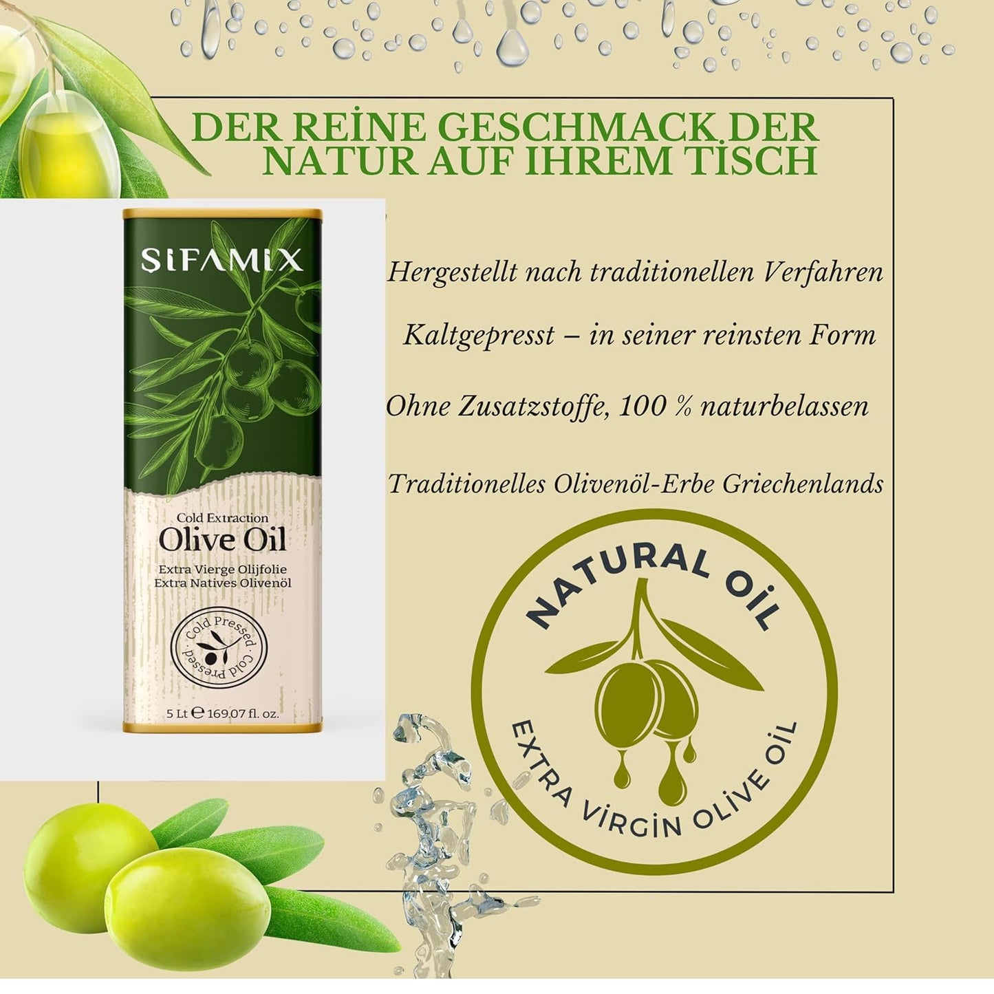 5 L Sifamix Griechisches Natives Olivenöl Extra aus Kreta – Traditionell von Hand geerntet & kaltgepresst direkt nach der Ernte – 100 % Natürlich – In Metallkanister mit Ausgießer im Vintage-Stil