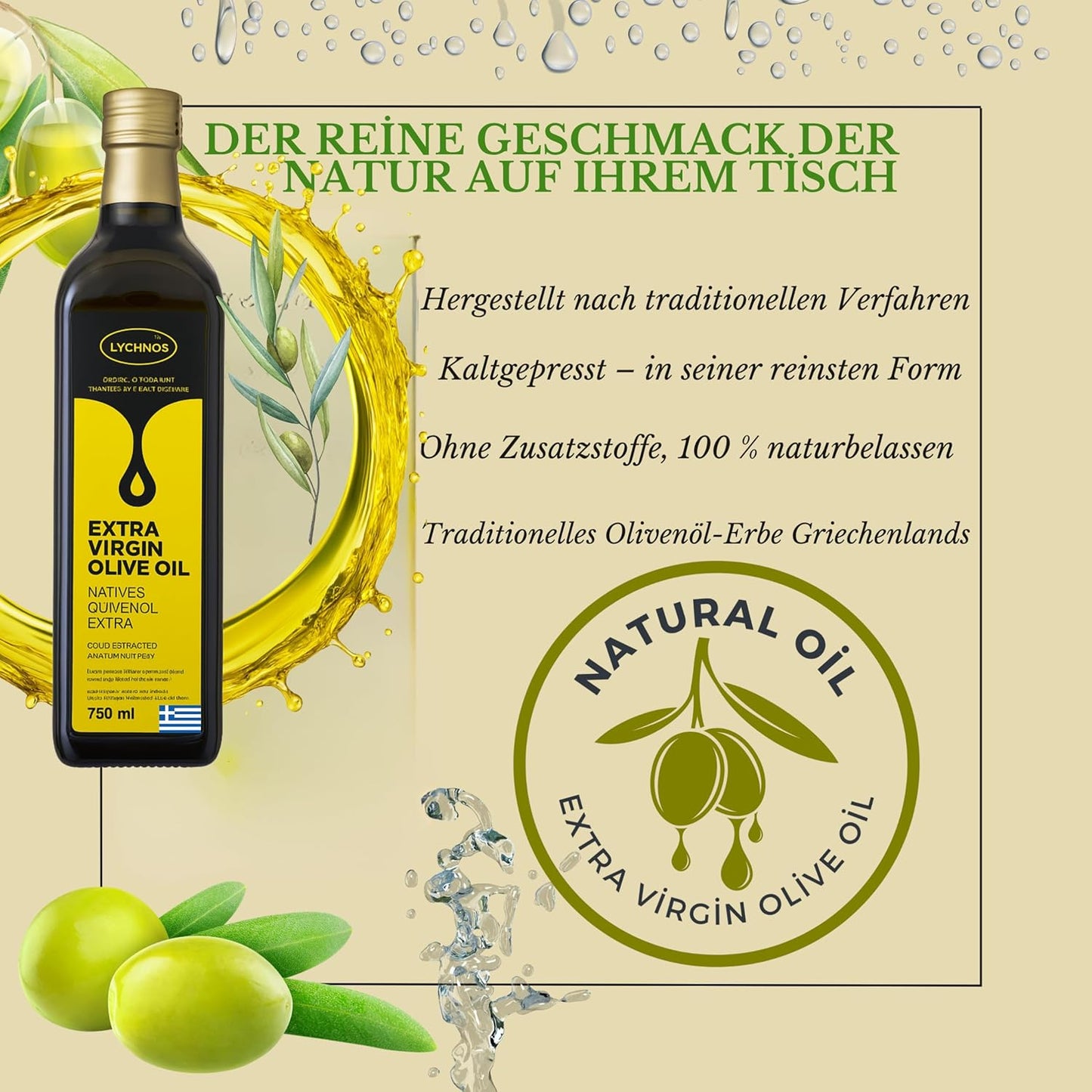 750 ML Premium Griechisches Natives Olivenöl Extra aus Kreta – Zertifiziert & Laborgeprüft –Traditionell & kaltgepresst direkt nach der Ernte, 100 % Natürlich – Sichere Verpackung (750 Milliliter)
