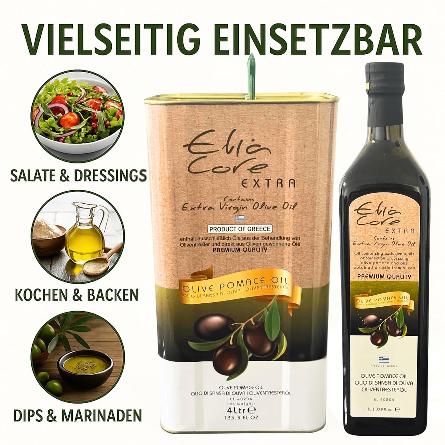 Elia Core 4 Liter 100% Griechisches Oliventresteröl - olive pomace oil, 100% aus Oliven hergestellt mit 10% nativem Olivenöl extra – perfekt zum Braten, Frittieren und Kochen