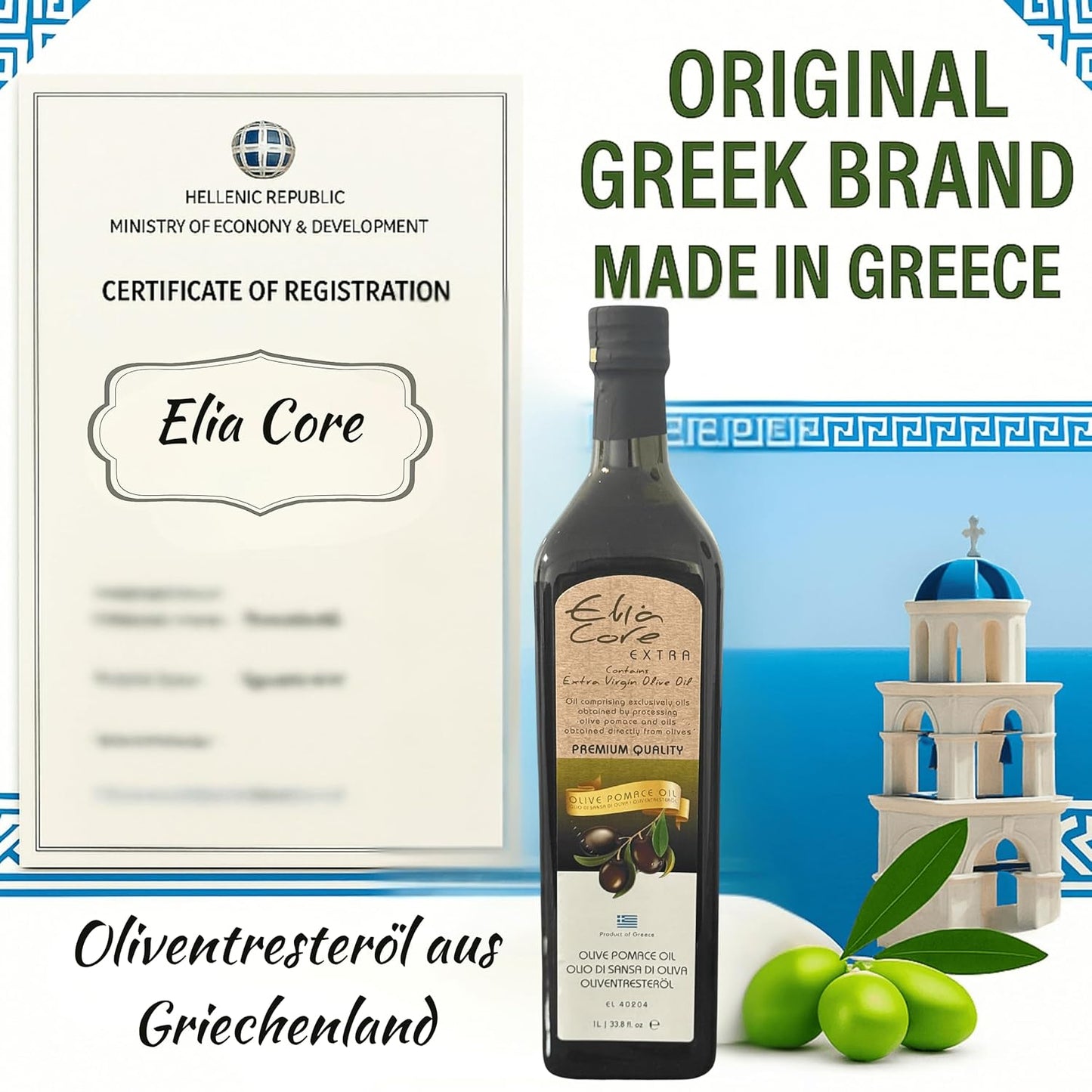 Elia Core 1 Liter 100% Griechisches Oliventresteröl - olive pomace oil, 100% aus Oliven hergestellt mit 10% nativem Olivenöl extra – perfekt zum Braten, Frittieren und Kochen