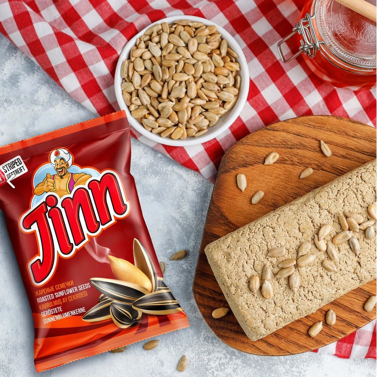 Jinn Geröstete Sonnenblumenkerne mit Schale | Perfekt für Snacks und Pausen | Ohne Zusatzstoffe, Natürlich | 100% Frisch und Knusprig (4 Stück, Ungesalzen)