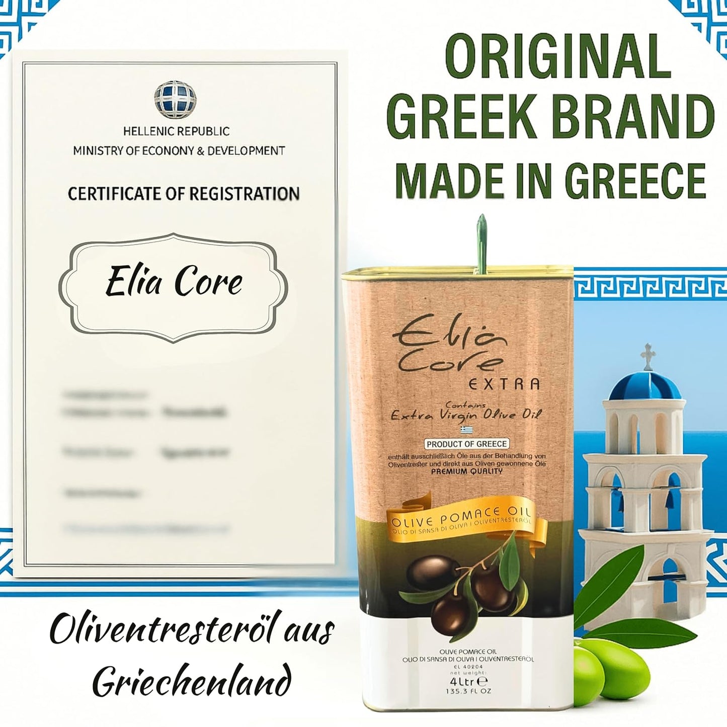Elia Core 4 Liter 100% Griechisches Oliventresteröl - olive pomace oil, 100% aus Oliven hergestellt mit 10% nativem Olivenöl extra – perfekt zum Braten, Frittieren und Kochen